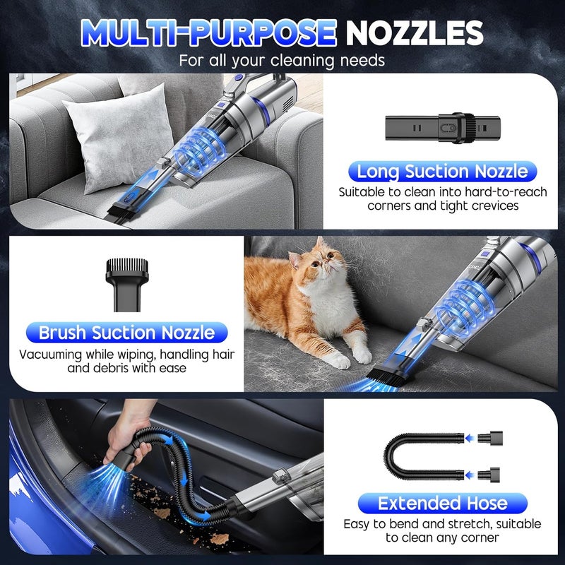 JONYJ Handheld Vacuum Cordless, 16000PA Strong Suction Hand Held Car Vacuum Cleaner, Portable Hand Vacuum Rechargeable with Multi-Nozzles & LED Light for Home, Car, Office, Pets - Image 3